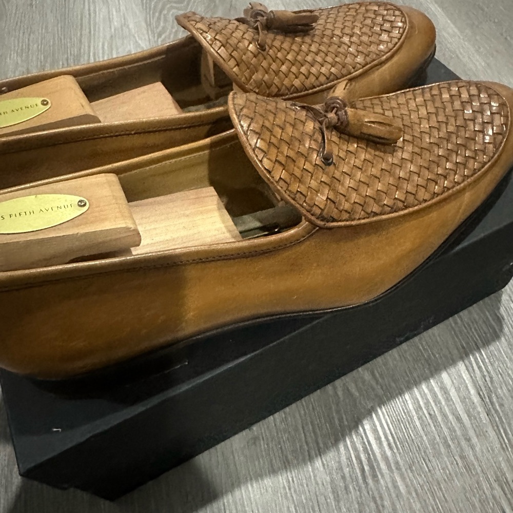 Made in Italy Saks Fifth Avenue Tan Woven Leather Loafers - Picture 5 of 7